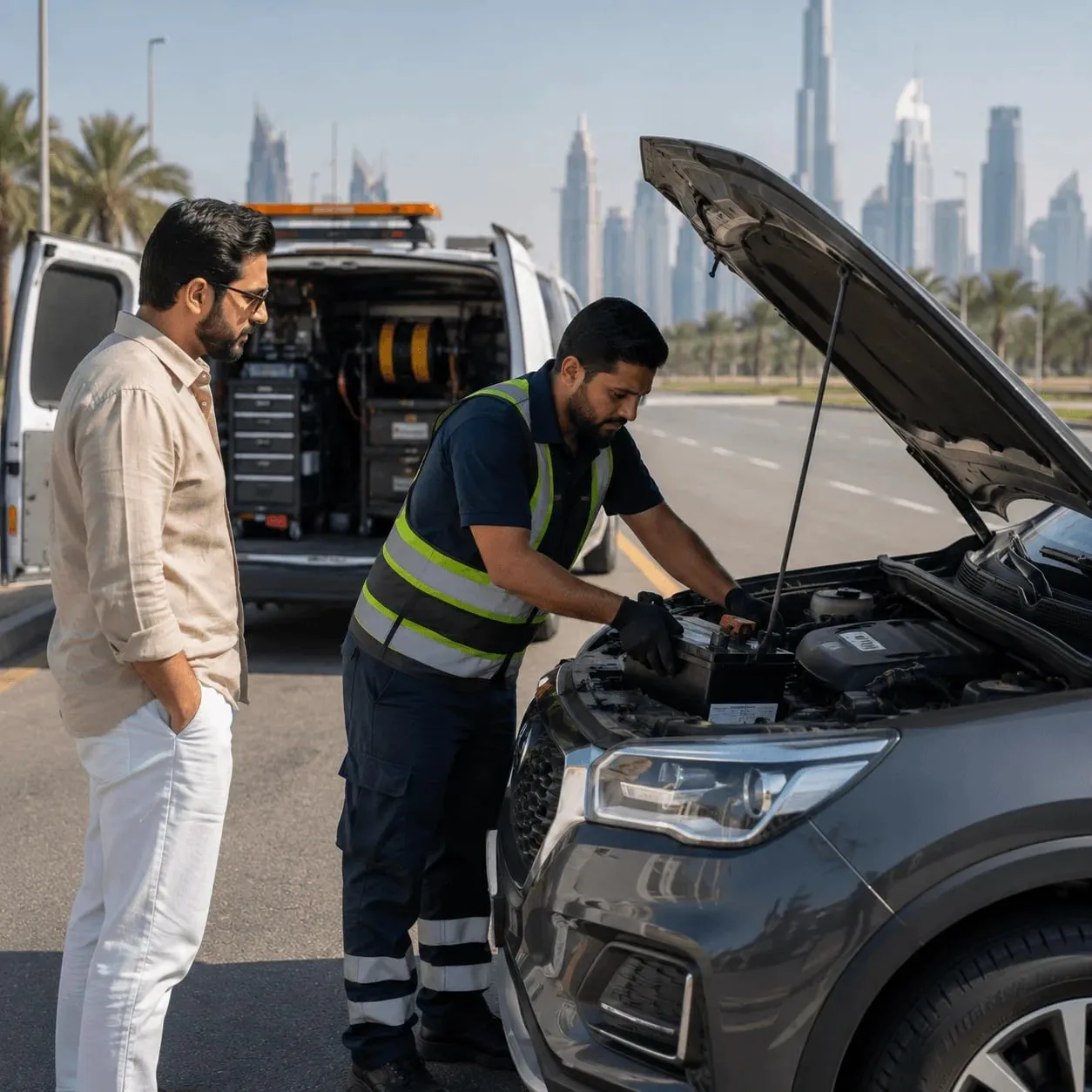 MG battery replacement at the roadside in Dubai