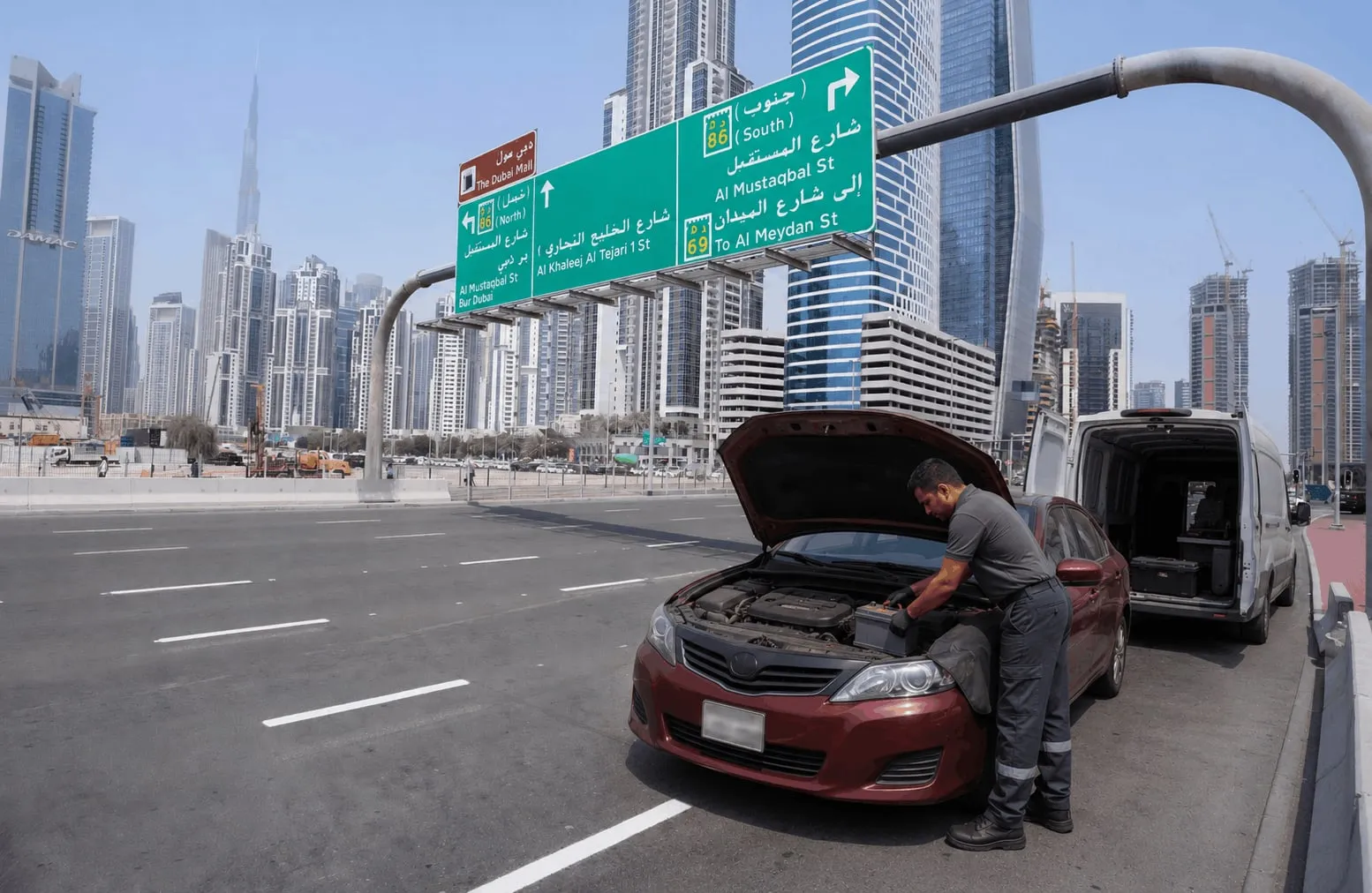 Technician replacing a car battery at the roadside on Sheikh Zayed Road in Dubai