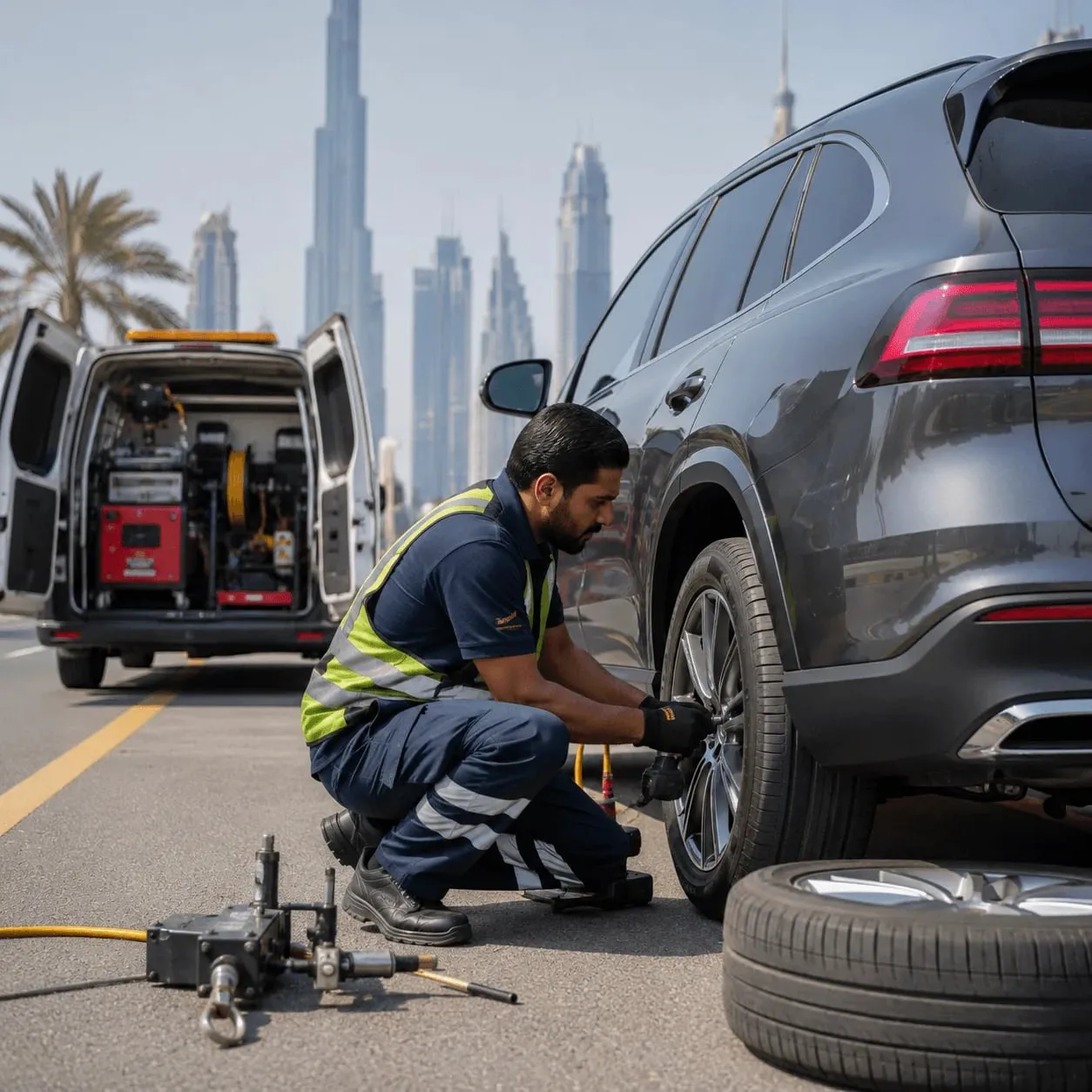 Flat Tyre Fix in Dubai, at the Roadside